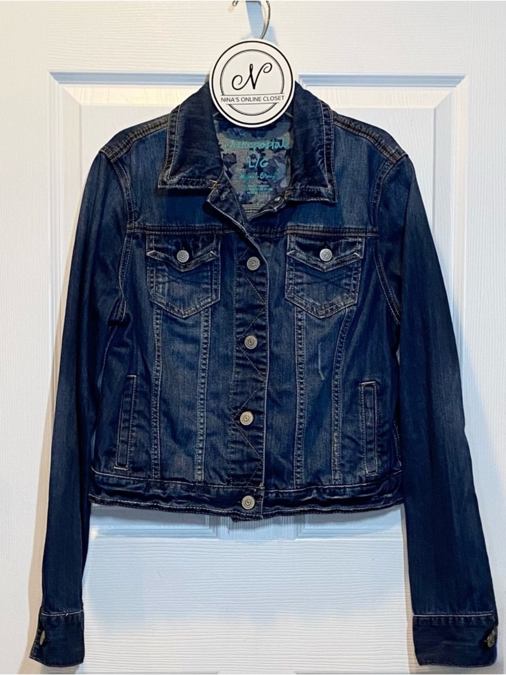 AEROPOSTALE Juniors Jean Jacket Dark Wash Blue Size L
